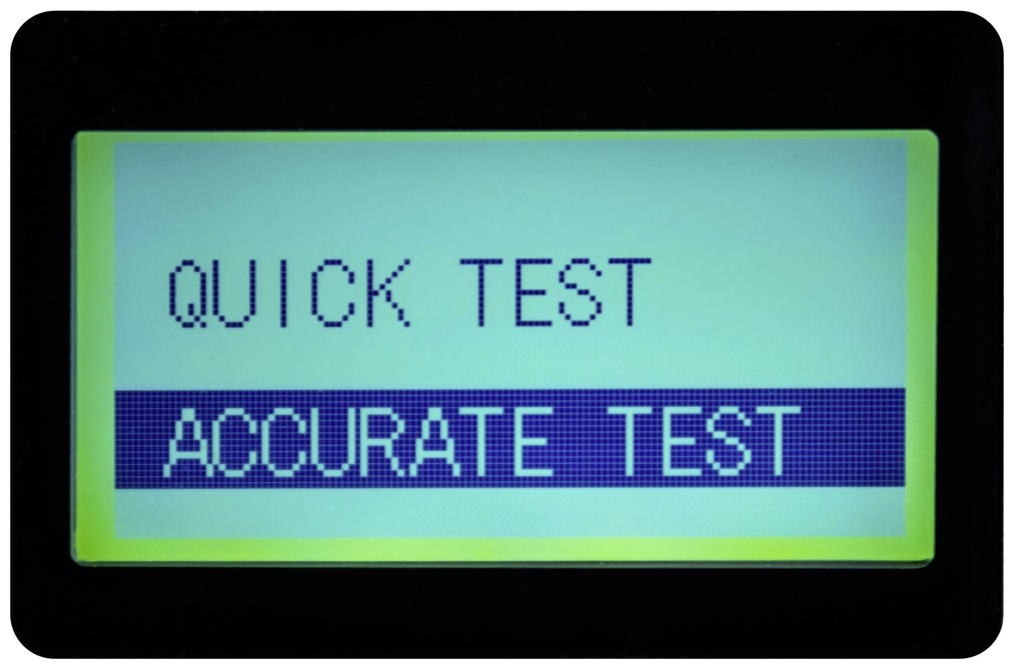 En skærm viser to valgmuligheder: 'HURTIG TEST' øverst og 'NØJAGTIG TEST' nederst. Den nederste valgmulighed er fremhævet.