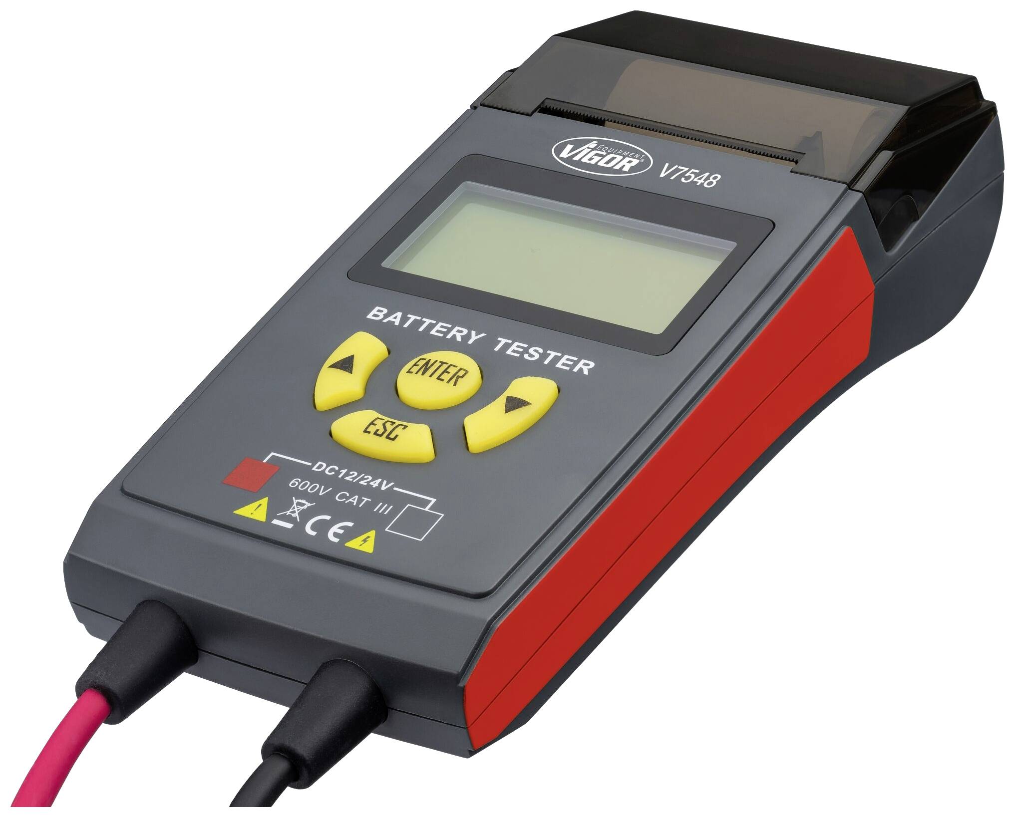 Et elektronisk batteritestapparat med digitalt display, to taster ('ENTER' og 'ESC'), og to tilsluttede kabler.