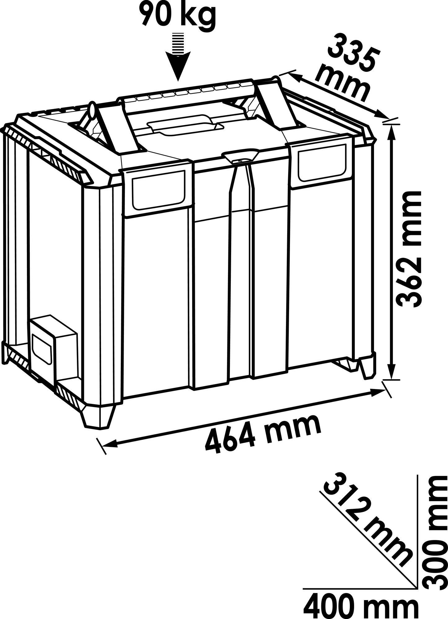 Illustration af en container med følgende mål: 464 mm bredde, 362 mm højde, 335 mm dybde. Vægt: 90 kg. Yderligere mål forneden: 400 mm bredde, 312 mm dybde, 300 mm højde.