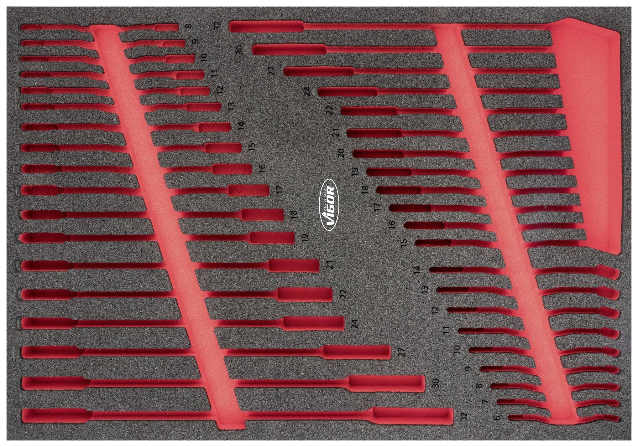 Skumindsats med røde og sorte udskæringer til forskellige skruetrækkerstørrelser, nummereret for nem organisering.