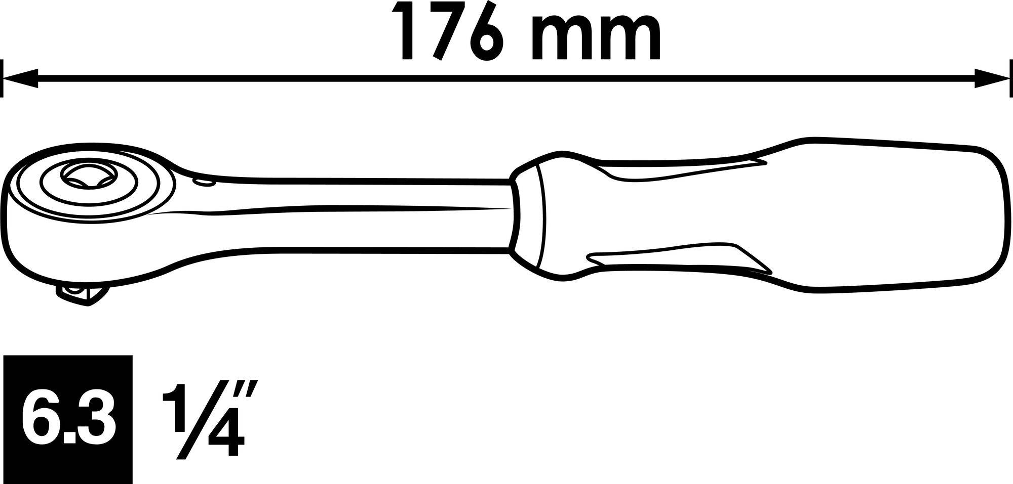 Skraldenøgle med en længde på 176 mm, med et 6,3 mm (1/4 tomme) drevfirkant.
