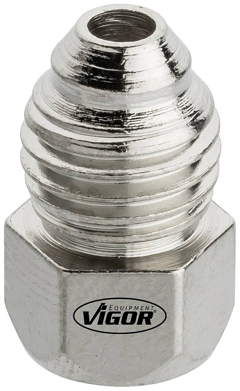 En metaladapter med riflet design og sekskant-base. Mærket med 'Vigor Equipment'-logo på undersiden.
