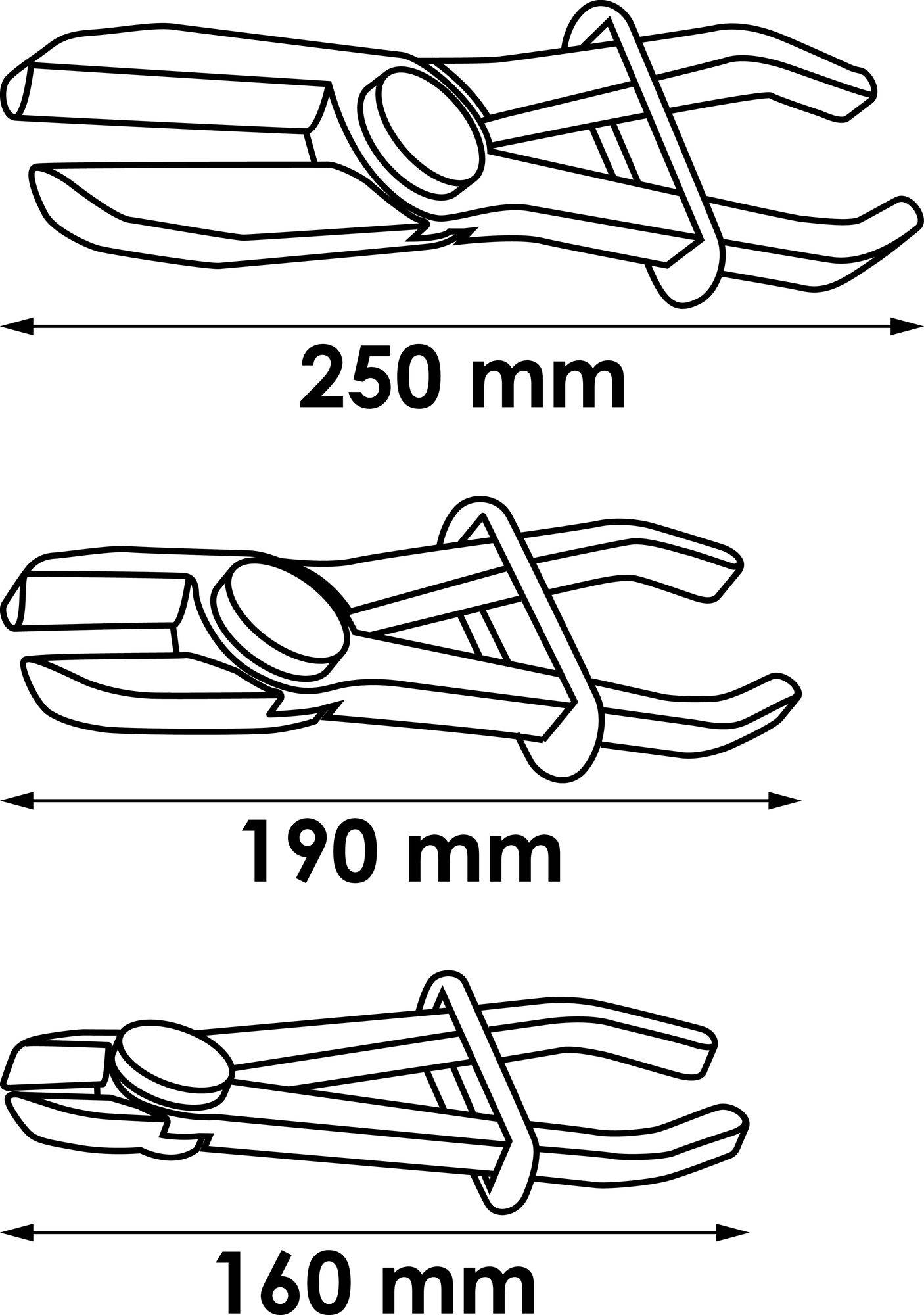 Tre tænger i forskellige størrelser: øverst 250 mm, i midten 190 mm, nederst 160 mm. Størrelserne er markeret med pile.