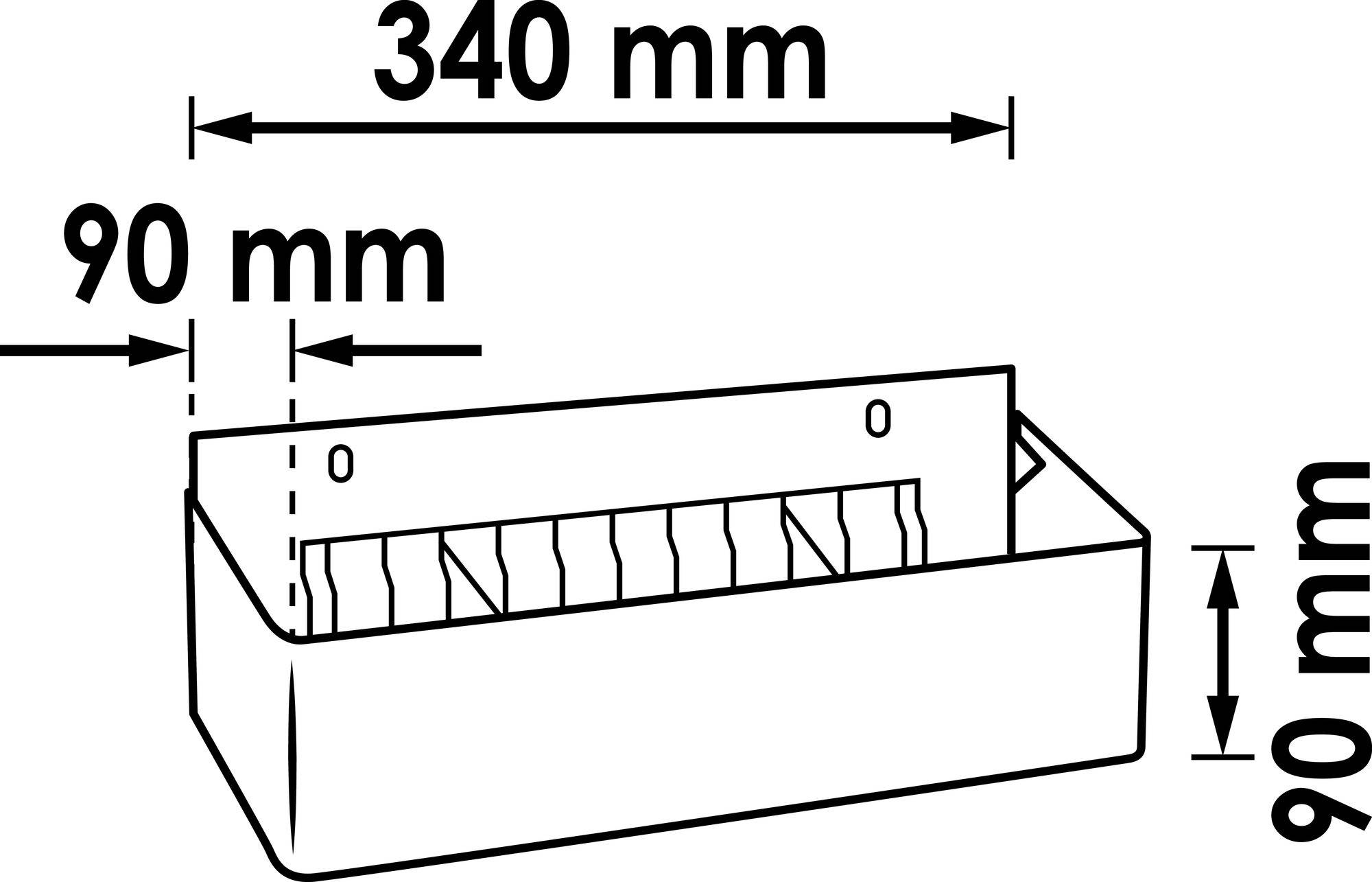 Skitse af en rektangulær boks med dimensionerne 340 mm længde, 90 mm bredde og 90 mm højde.