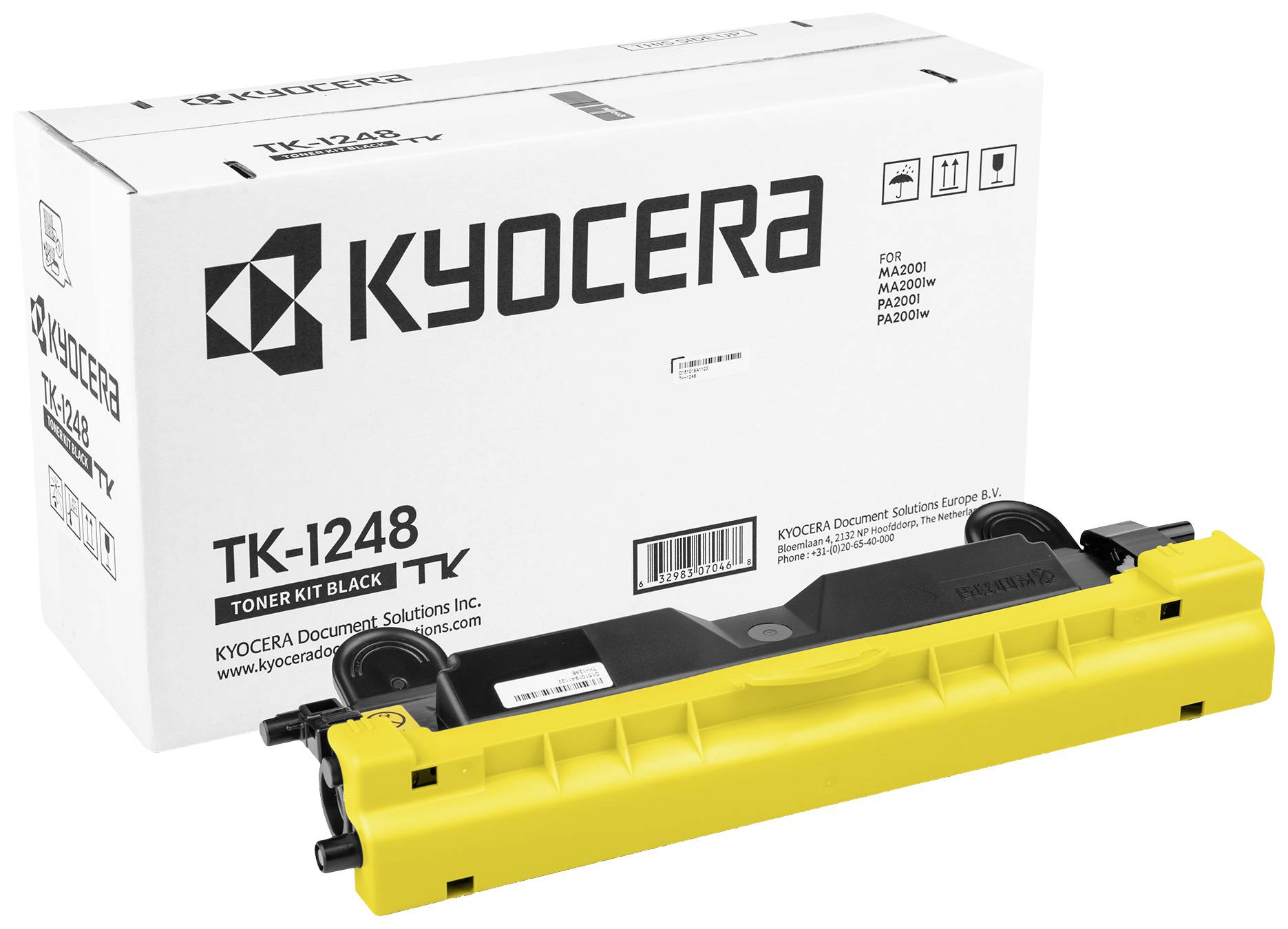 Kyocera TK-1248 Toner i gul patron foran hvid salgsemballage med sort påskrift. Til printermodellerne MA2000, MA2000w, PA2000w.