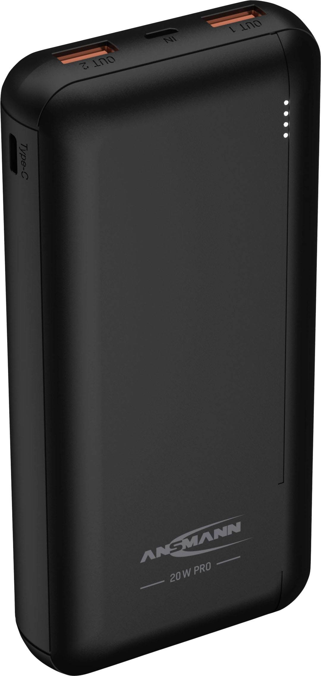 Sort powerbank med to USB-porte og fire LED-indikatorer til visning af batteriniveau. Mærket 'Ansmann' er trykt på forsiden.