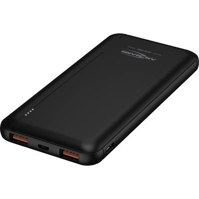 Ekstern powerbank i sort kabinet med to USB-porte og en micro-USB-port, egnet til opladning af mobile enheder.