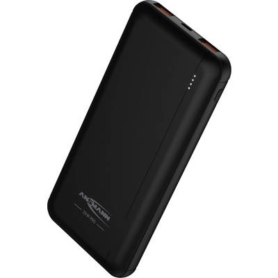 Sort powerbank med to USB-porte og fire LED-indikatorer til visning af batteristatus.