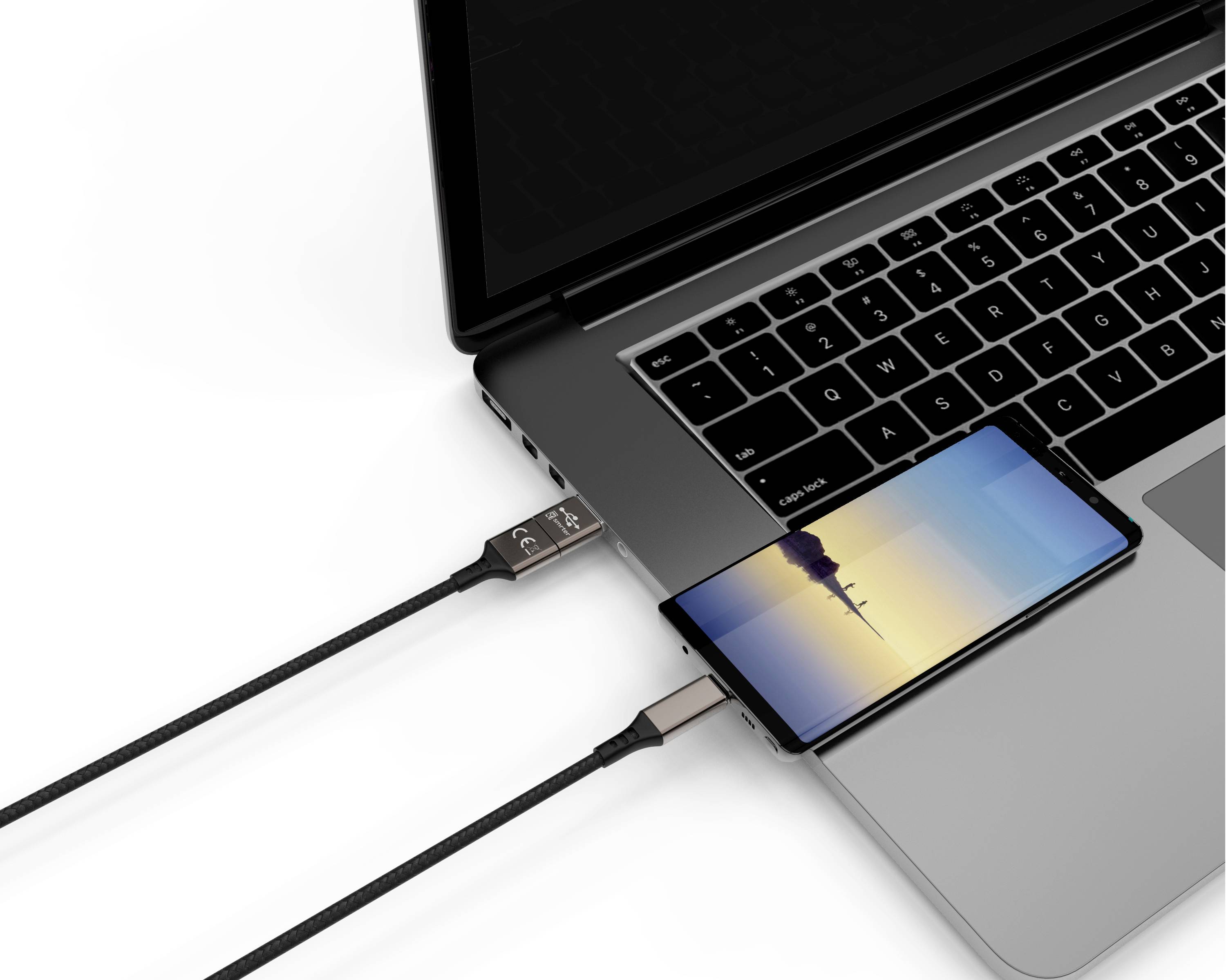 En smartphone er forbundet til en bærbar computer via et USB-kabel. Begge enheder er tændt, og smartphonen viser en strand som baggrund.