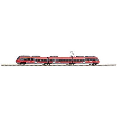 Et rødt, moderne tog til regionaltrafik på en skinne; viser sidedetaljer og den strømaftagende pantograf på taget.