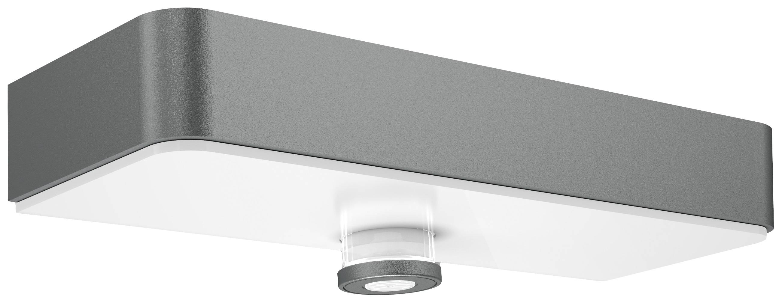 En rektangulær, moderne LED-loftslampe i grå og hvid, egnet til belysning af indendørs rum.