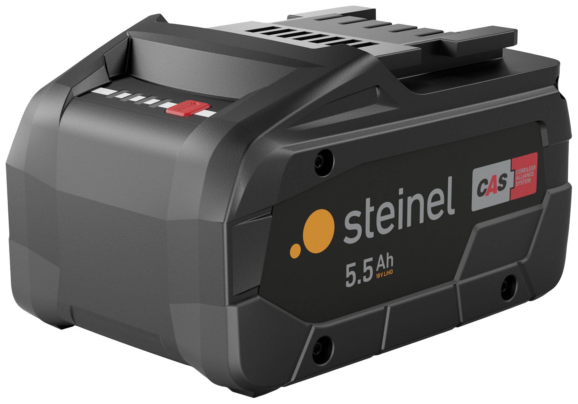 Batteri til elektriske enheder fra Steinel, 5,5 Ah kapacitet, sort med CAS-logo.