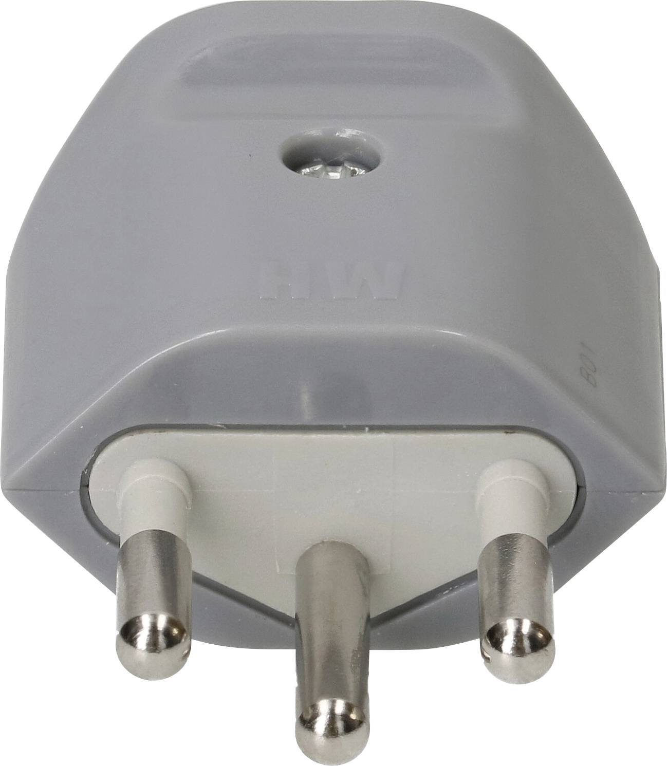 En grå, trebenede elektrisk stikadapter designet til Type M-stik, som almindeligvis bruges i Sydafrika og Indien.