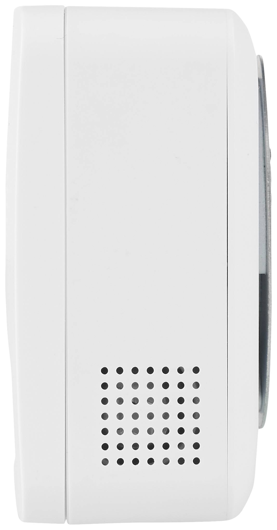Hvid, rektangulær elektronisk boks med ventilationshuller på siden.