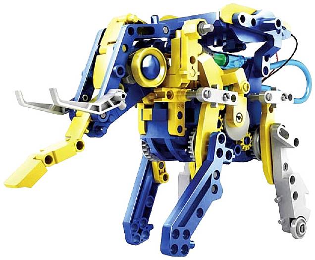 En farverig robot formet som en elefant bygget af klodser. Robotten har blå og gule dele med bevægelige lemmer og stødtænder.
