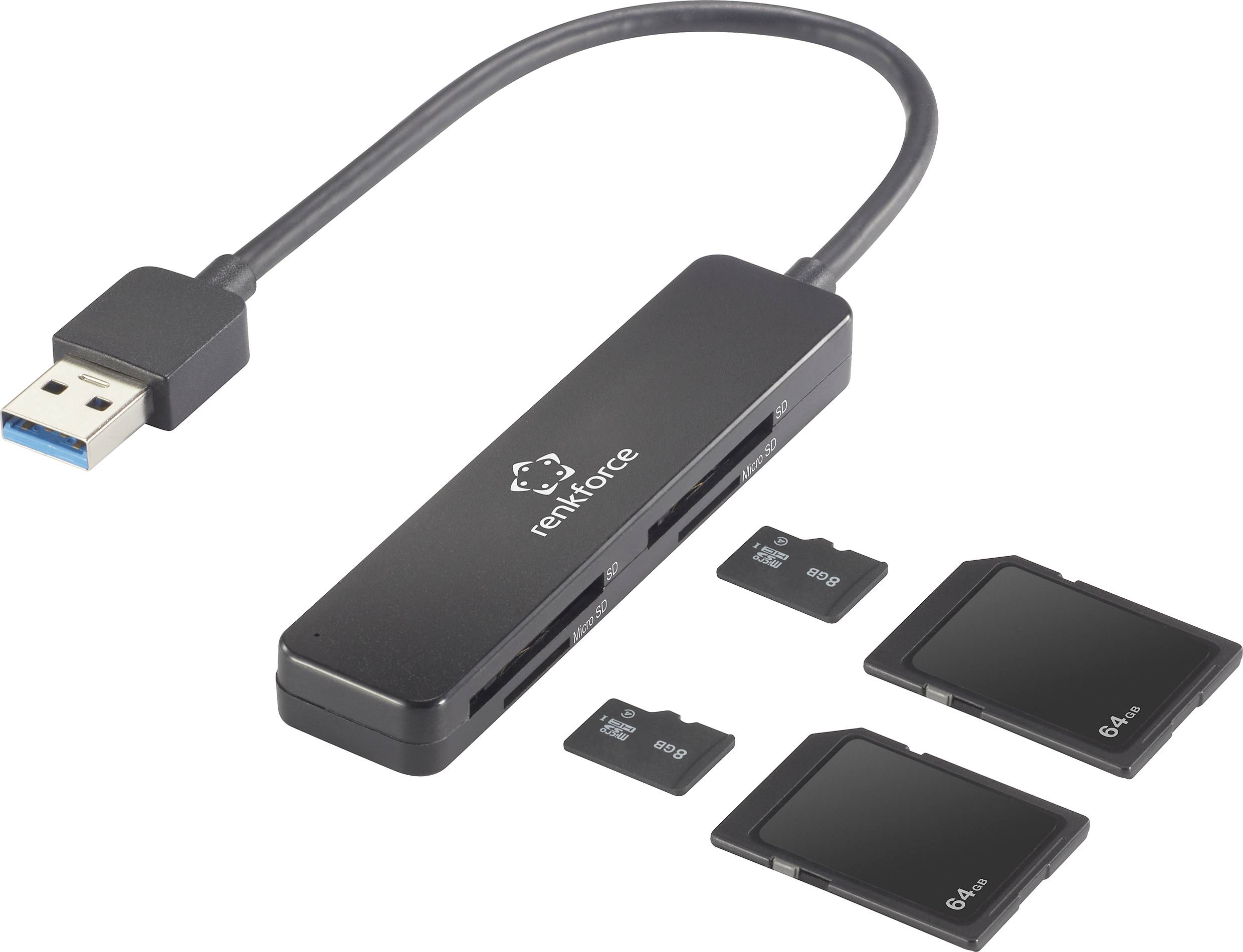 En USB-adapter fra Renkforce med fire kortpladser til forskellige hukommelseskortformater, herunder SD og microSD.