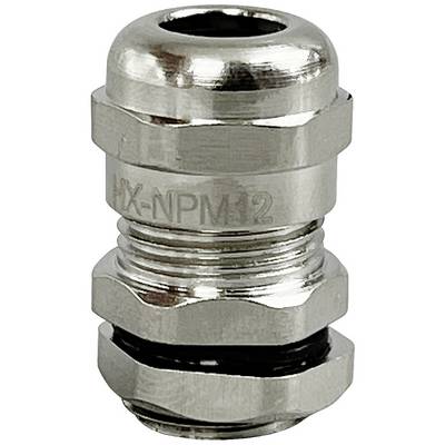 En sølvfarvet metalkabelforskruningshoved med påskriften 'HX-NPM12'. Den har et riflet design for bedre greb.