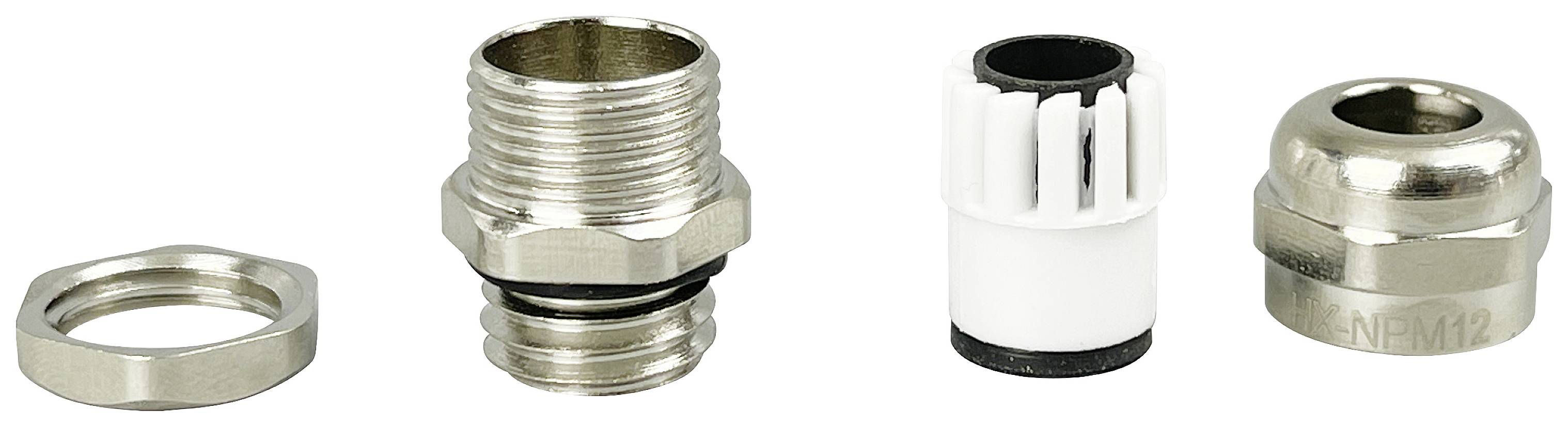 Metallene kabelforskruning i enkeltdele; viser møtrik, gevind, tætning og lukning. Komponenter til kabelføring.