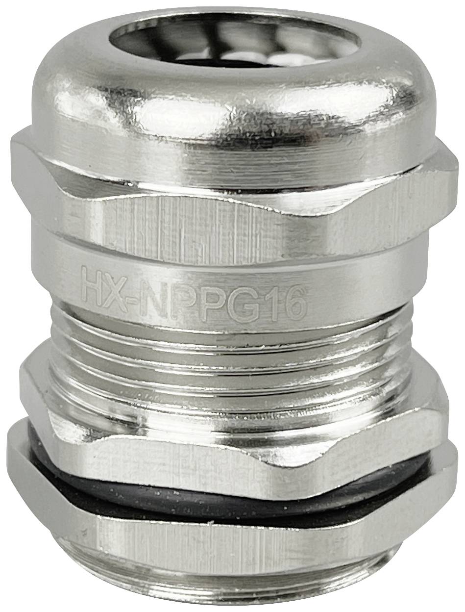 Metalkabelnippel med gevind og sort tætning. Overfladebehandling giver sølvglans. Model 'HX-NPPG16'.