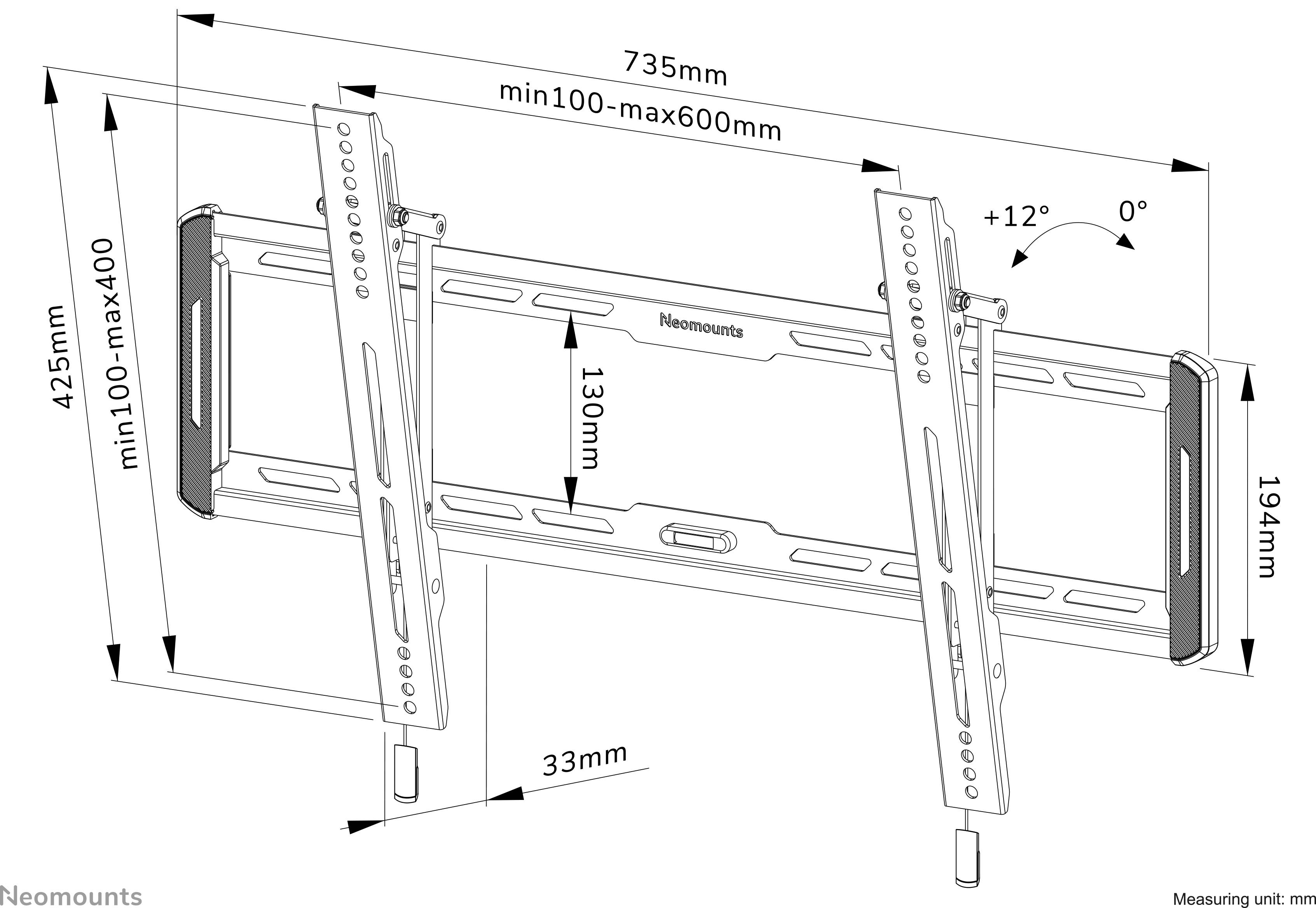 TV-vægbeslag-diagram: Vippningsgrad 0° til +12°, bredde 735 mm, højde 425 mm, variable VESA-monteringsintervaller fra 100 mm til 600 mm.