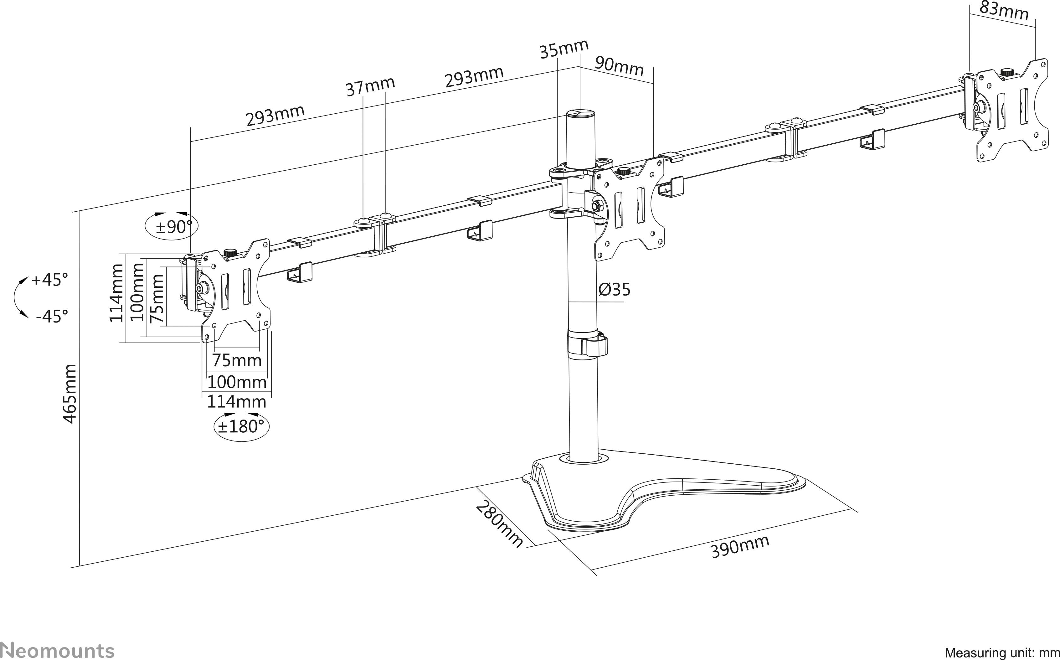 Diagram over et Neomounts-monitorarmsystem med mål: Højde 465 mm, bredde 390 mm. Detaljer viser drejningsvinkel og monteringspunkter.