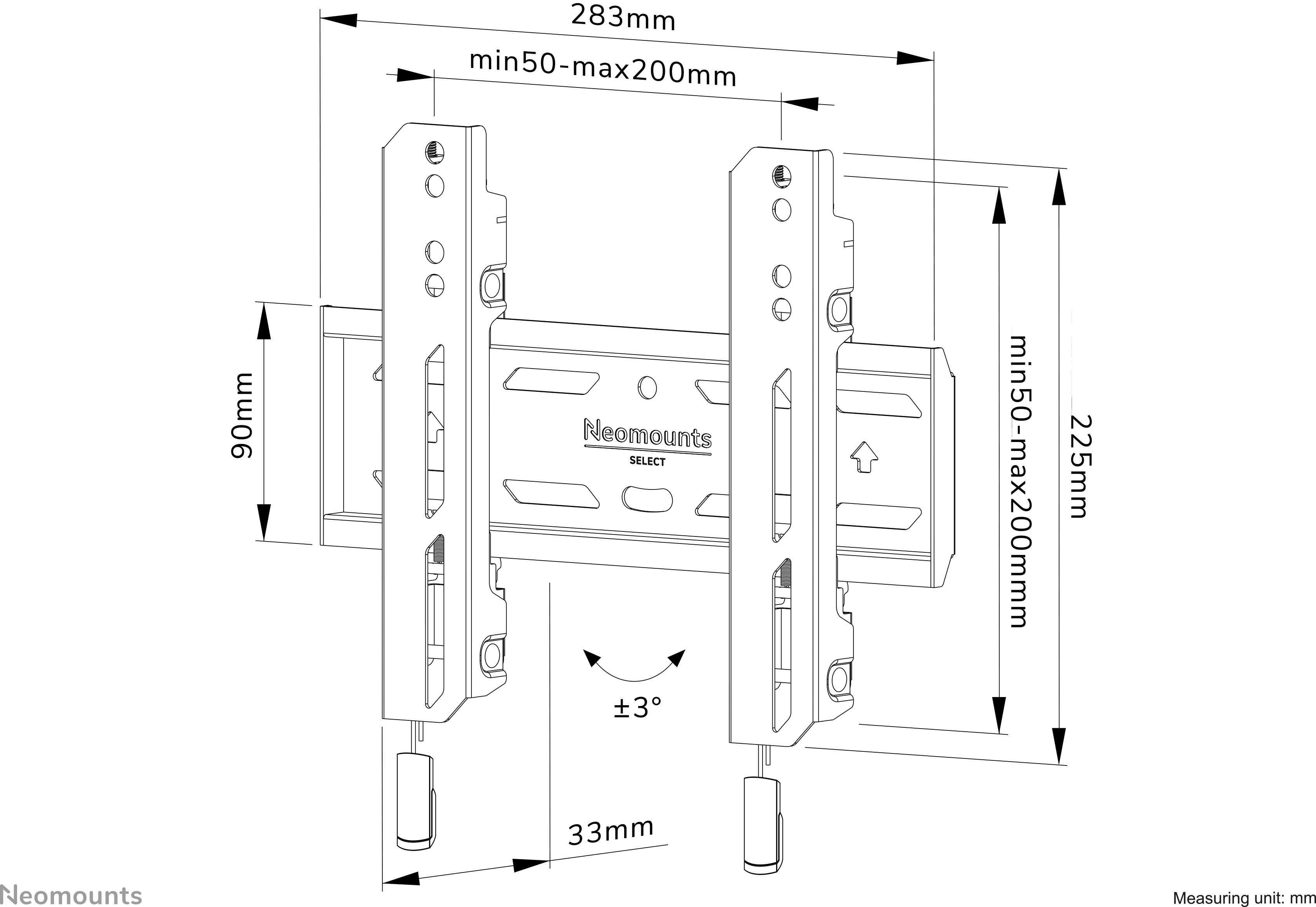 Diagram af en TV-vægbeslag med justerbare skinner (min 50 mm til maks 200 mm), samlet højde 225 mm, bredde 283 mm.