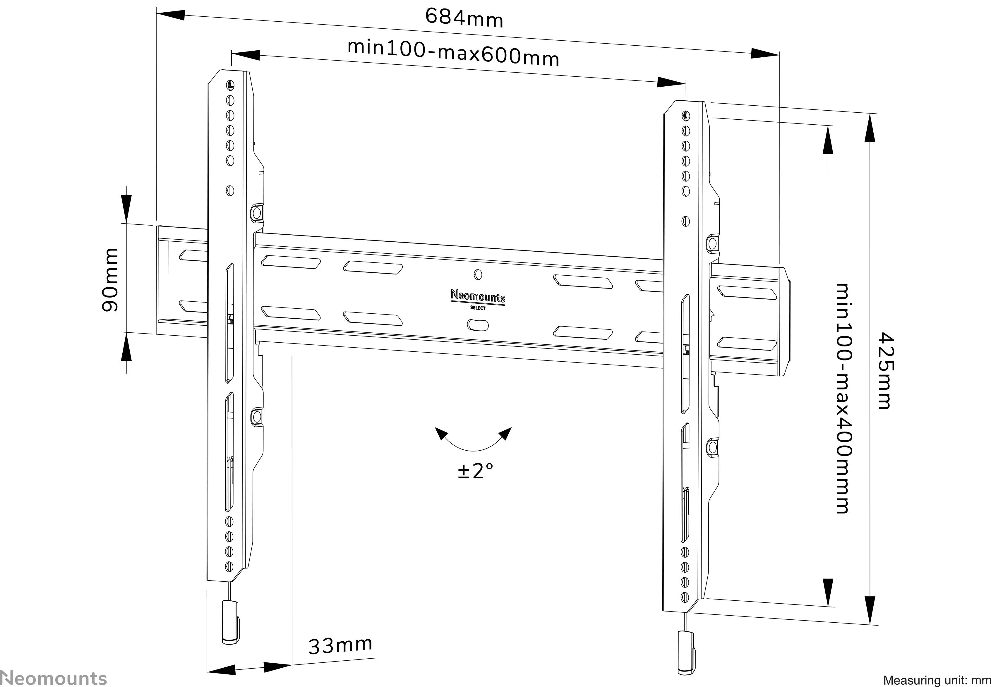 Vægbeslag til TV, justerbart. Dimensioner: Bredde 684 mm, højde 425 mm. Understøtter skærmbredder fra 100–600 mm, højder fra 100–400 mm.