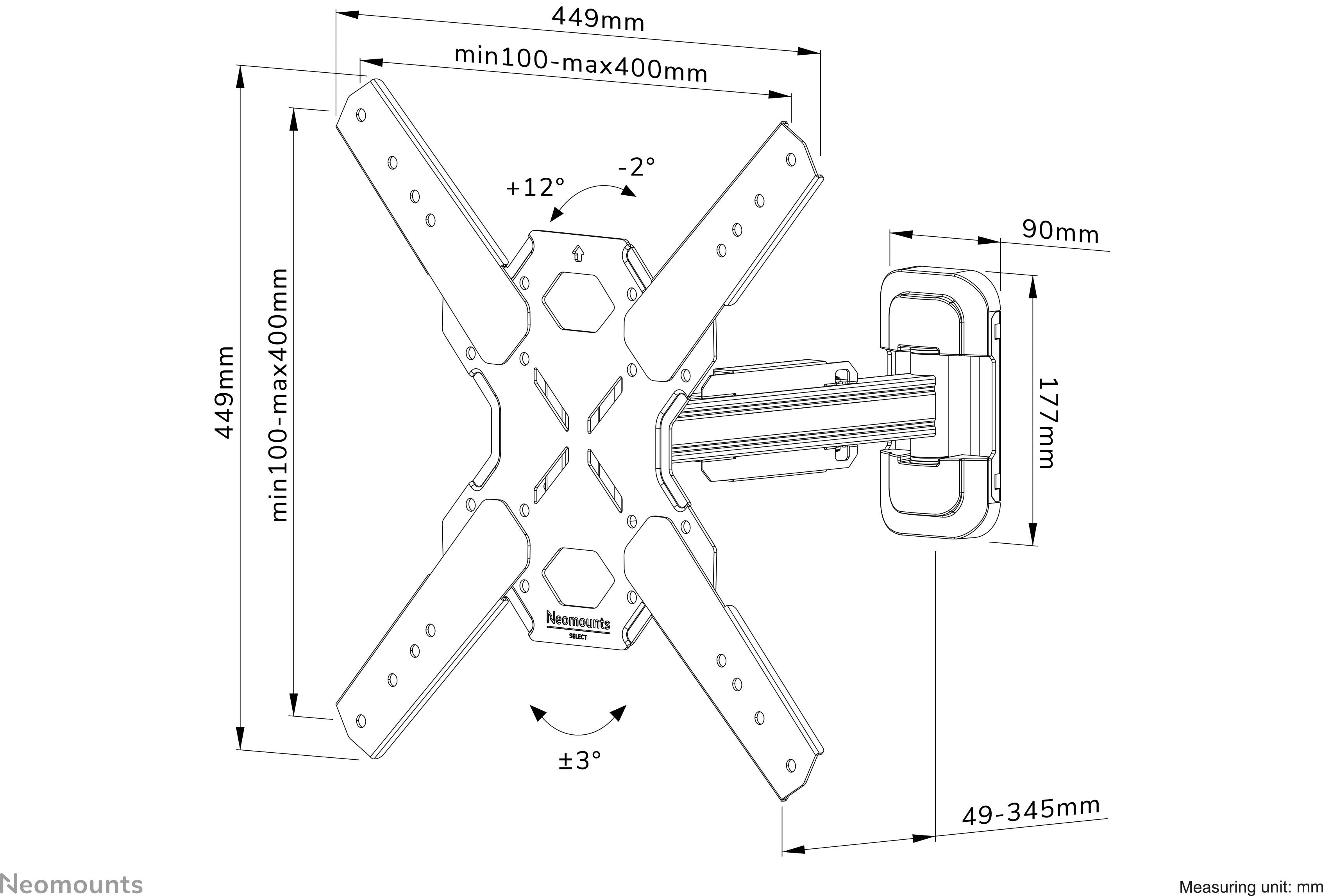 Multifunktionel TV-beslag fra Neomounts med justerbar arm. Mål: 449x449 mm. Hældning: ±12°, drejning: ±3°. Kan trækkes ud fra 49-345 mm.