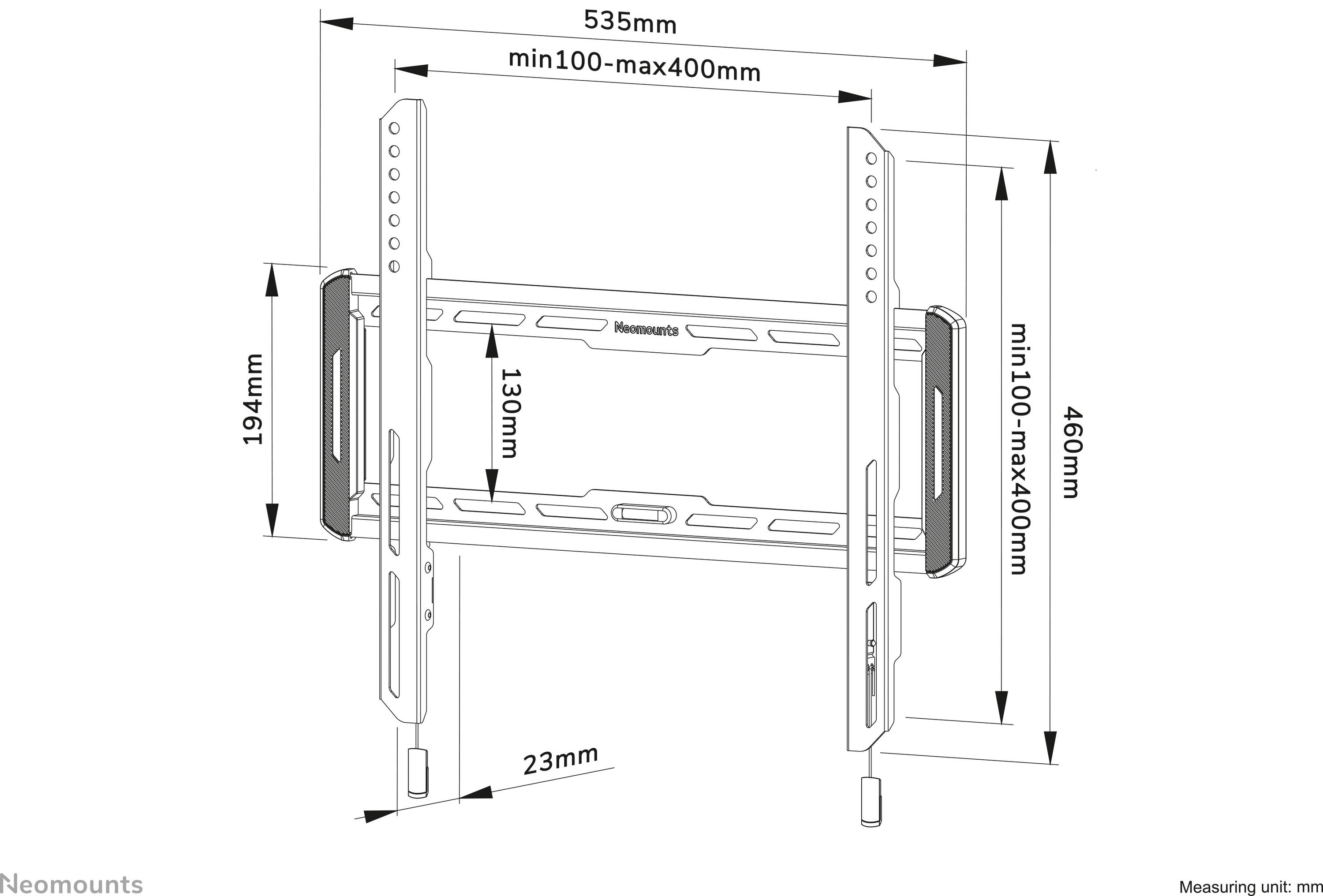 Diagram over en TV-vægbeslag med dimensioner: Bredde 535 mm, højde 460 mm, justerbar dybde 23 mm, VESA-mål min 100-maks 400 mm.