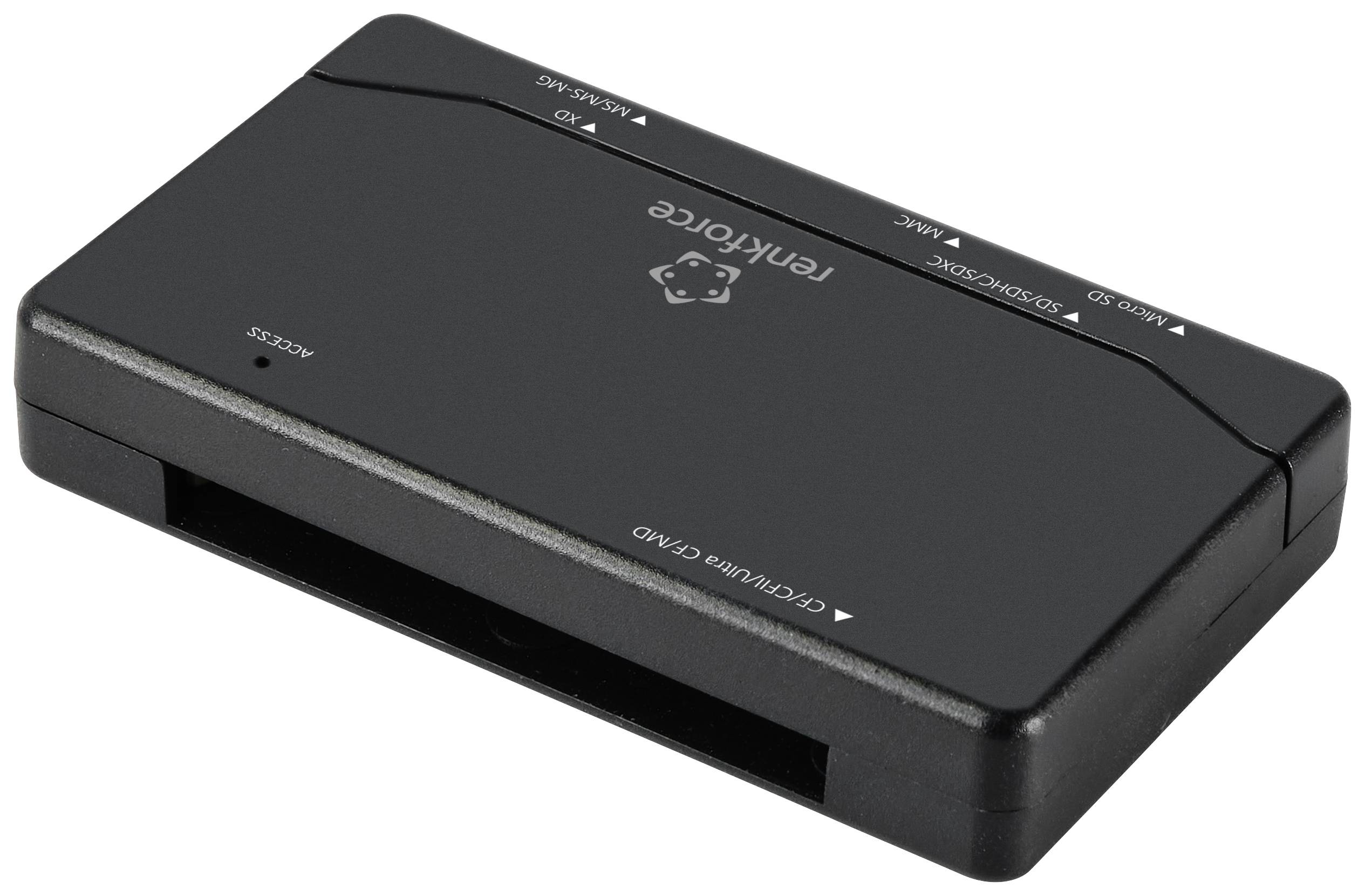En sort USB-kortlæser med flere slots til forskellige typer hukommelseskort, mærket 'Techforce'.