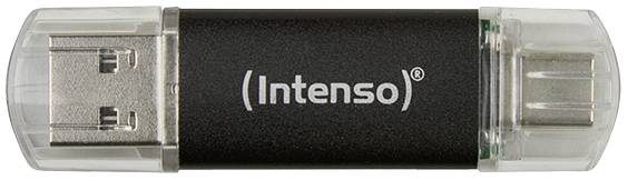 USB-stik fra 'Intenso' med sort hus og to transparente beskyttelseshætter.