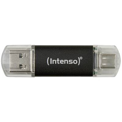 USB-stik fra 'Intenso' med sort hus og to transparente beskyttelseshætter.