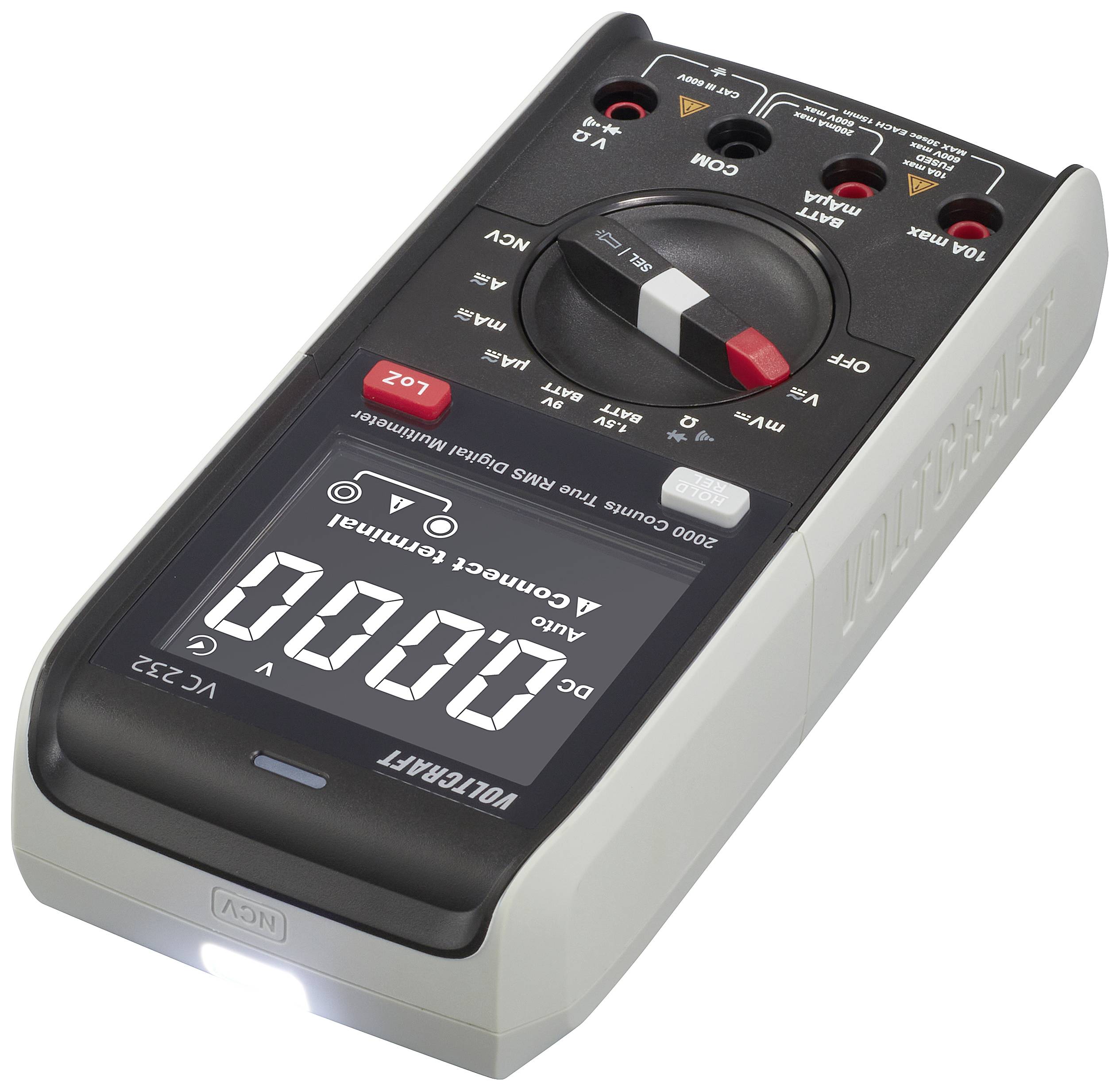 Et digitalt multimeter til måling af spænding, strømstyrke og modstand, med en stor skærm og flere tilslutninger.