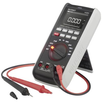 Digitalt multimeter med belyst display, måleledninger og drejelig vælger. Måler elektriske værdier som spænding og strømstyrke.