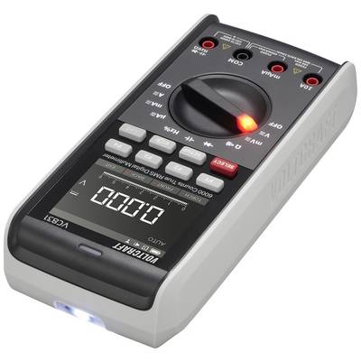 Digitalt multimeter med displayvisning og drejeomskifter til måling af spænding, strøm og modstand. En LED lyser rødt.