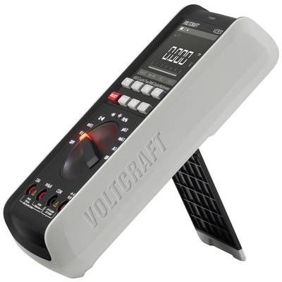 Et digitalt multimeter i skråt sideview, med en stor skærm og flere knapper; brandnavnet er synligt.