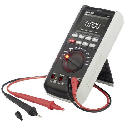 Digitalt multimeter med display, der viser '0.000', rødt og sort måleledning foran, egnet til elektriske målinger.