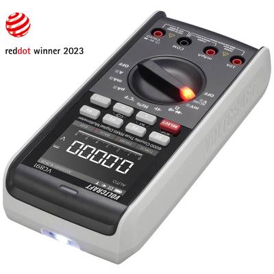 Digitalt multimeter med flere knapper og display viser '0000.0'. Red Dot Winner 2023-udmærkelse vist.