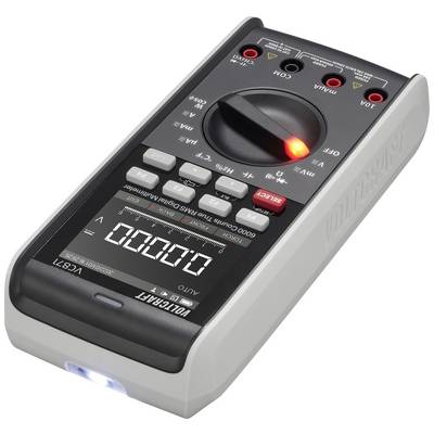 Digitalt multimeter med display, rød lysende drejeknap. Viser '0.0000'. Kontakt til spændingsmåling og kontinuitetsprøvning.