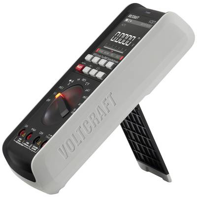 Multimeter set i sidevisning, mærket 'Voltcraft'. Viser drejeomskifter, display og måleområder for spænding, strøm, modstand.