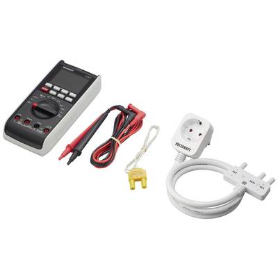 Et digitalt multimeter med røde og sorte måleledninger, et K-type termometer og en adapter.
