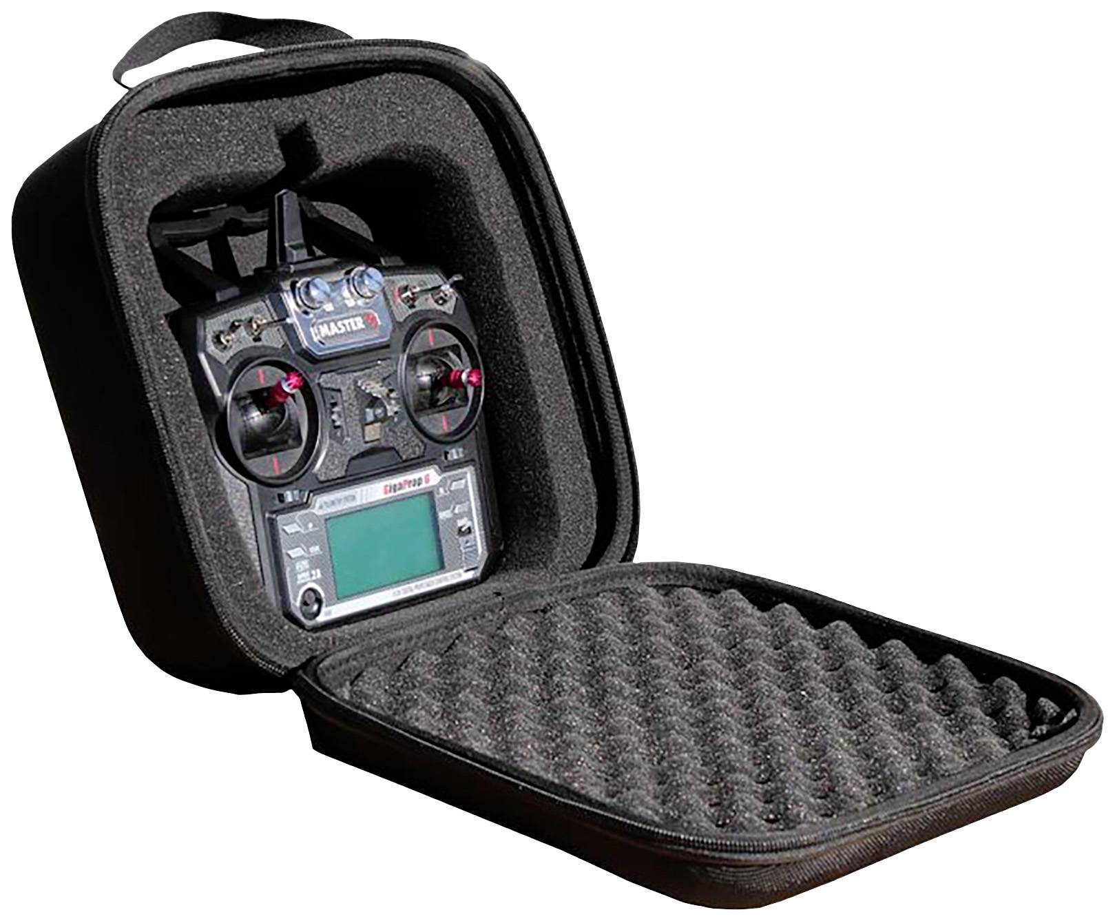 Fjernbetjening i en åben, polstret hardcase. Fjernbetjeningen er egnet til droner eller modelfly.