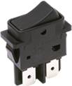 En sort vippeafbryder med to metalforbindelser, sandsynligvis brugt til elektroniske enheder eller kontrolpaneler.