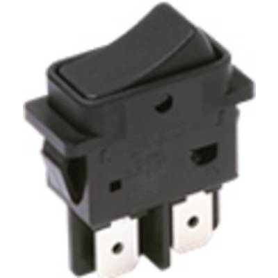 En sort vippeafbryder med to metalforbindelser, sandsynligvis brugt til elektroniske enheder eller kontrolpaneler.