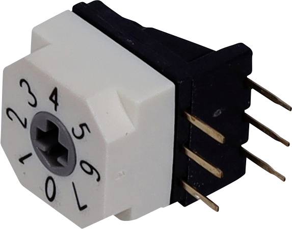 En rotationsencoder med en nummereret skive fra 0 til 9, udstyret med seks fremstående metalben til elektroniske forbindelser, mod en enkel baggrund.