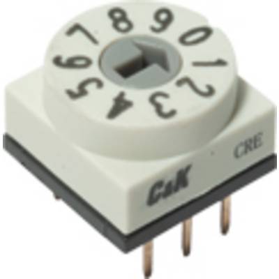 Drejeomskifter med tal fra 0 til 9, firkantet med ti trin. Fire metalkontakter nederst til elektriske forbindelser.