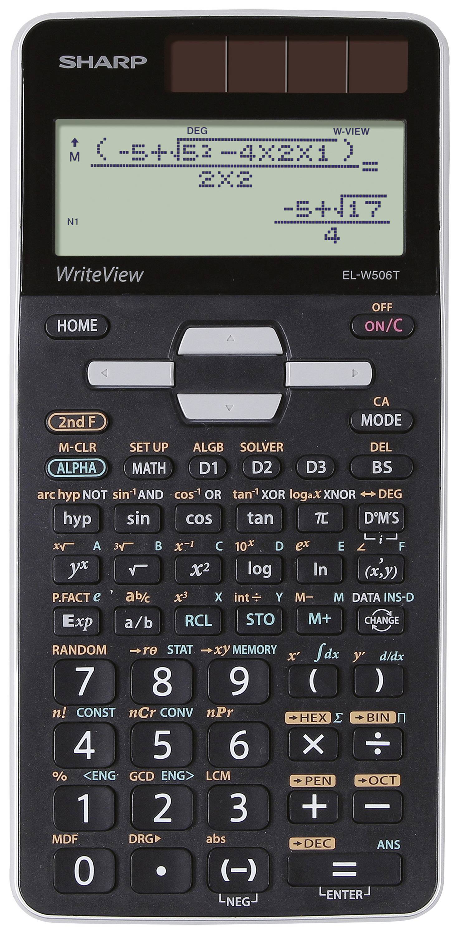 Elektronisk lommeregner med stort display, hvor brøker og ligninger vises. Forskellige taster til matematiske funktioner.