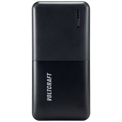 Sort Powerbank fra mærket Voltcraft med en kapacitet på 20.000 mAh, kompakt design med LED-indikator for opladningsstatus.