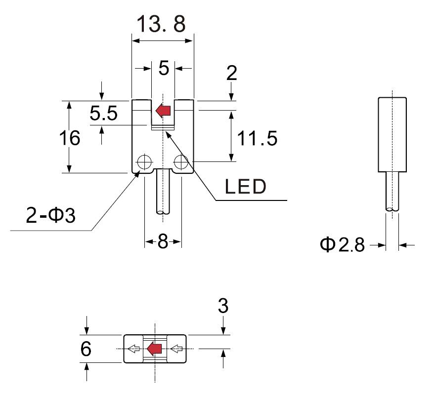 Teknisk tegning af en LED-komponent med pilvisning for elektriske forbindelser. Mål er angivet i millimeter.