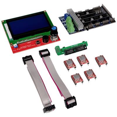 Komponent-sæt til elektronik med LCD-display, grønt LED-printplade, kredsløbskort, kabler og flere mindre moduler, sandsynligvis sensorer.